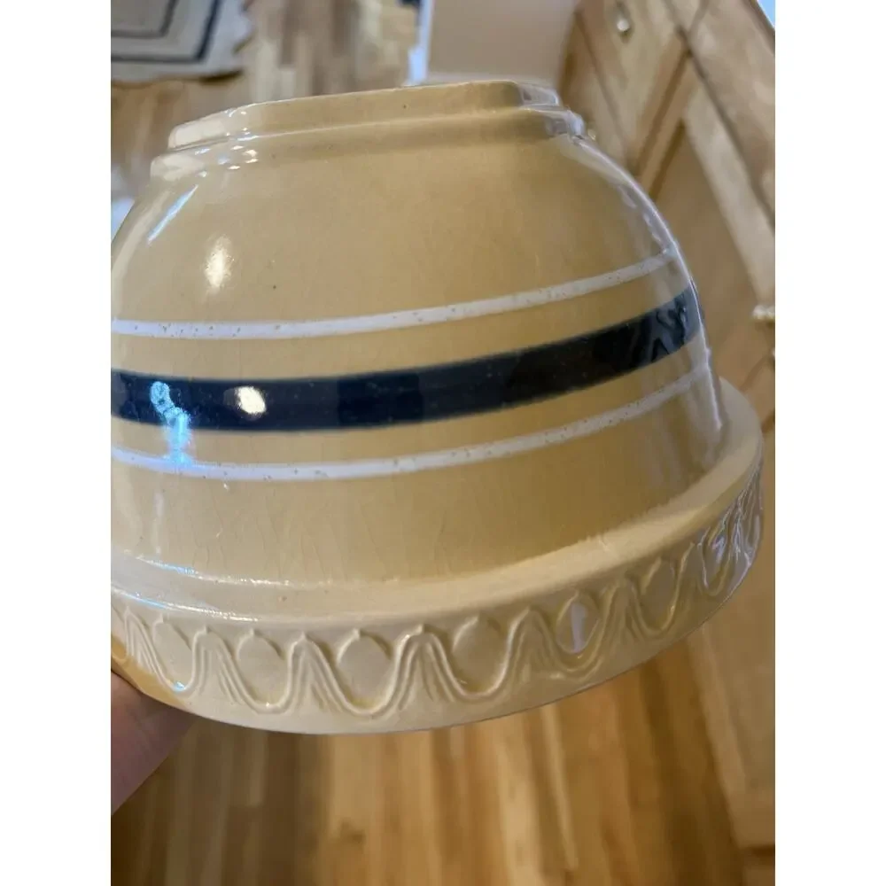 Estate Over and Back 9” Yellow Ware Mixing Bowl with Blue and Pink Stripes